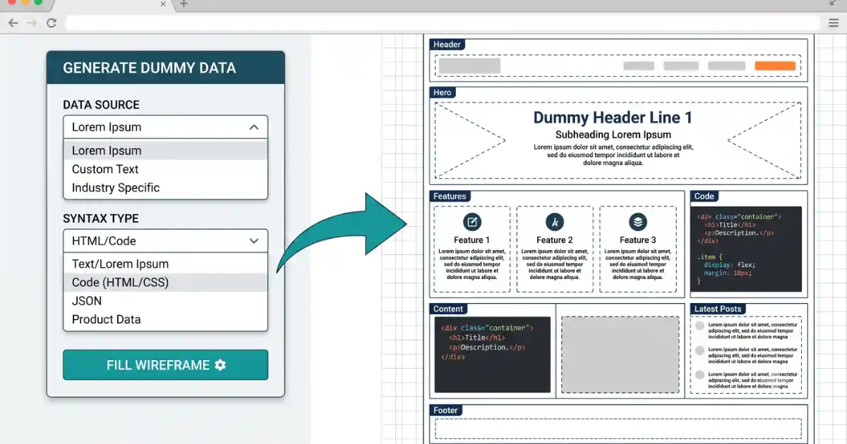 UI Designer workspace showing placeholder text generation