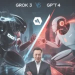 A man {elon musk} in a suit stands in the center with arms crossed, flanked by two futuristic robots labeled “Grok 3” and “GPT-4,” poised as if in a face-off.