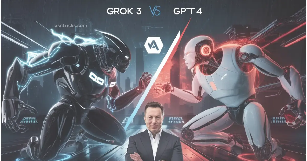 A man {elon musk} in a suit stands in the center with arms crossed, flanked by two futuristic robots labeled “Grok 3” and “GPT-4,” poised as if in a face-off.