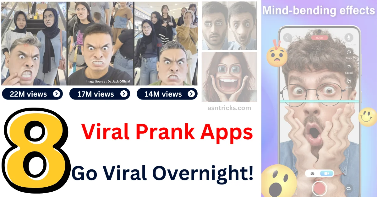 Collage featuring comedic face warp filters, large social media view counts, and text reading '8 Viral Prank Face Filter Apps: Go Viral Overnight!