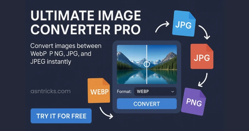 Ultimate Image Converter Pro interface showing real-time image format conversion between WebP, PNG, JPG, and JPEG with colorful format icons and a "Try it for free" button.